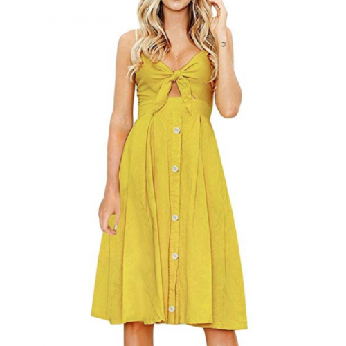 Vestido Midi com Bot es e Decote La o Amarelo